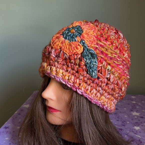 Crochet flower orange beanie medium soft acrylic yarn new - Picture 9 of 9